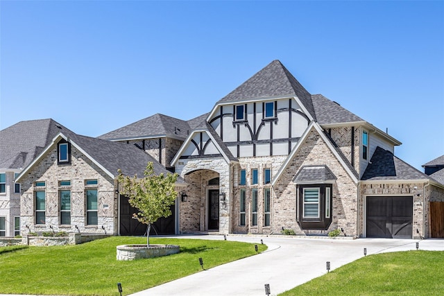 tudor house with a garage and a front lawn