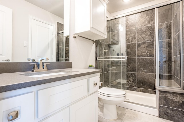 bathroom with tile patterned flooring, vanity, toilet, and walk in shower