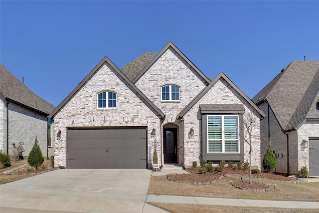 french country style house with a garage