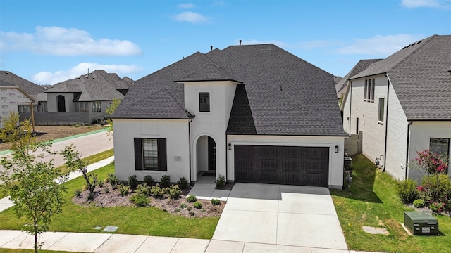 french country home with a garage and a front yard