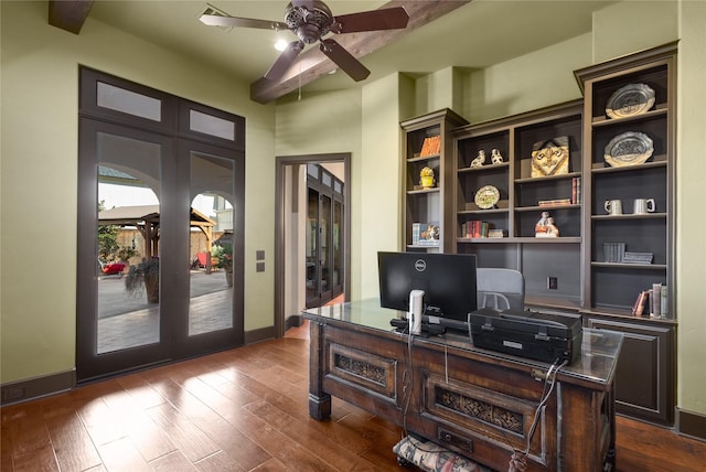 office area with dark wood-type flooring, ceiling fan, and french doors