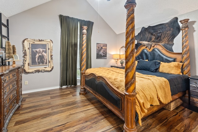 bedroom with baseboards, wood finished floors, and vaulted ceiling