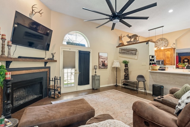 living room with ceiling fan and dark hardwood / wood-style flooring