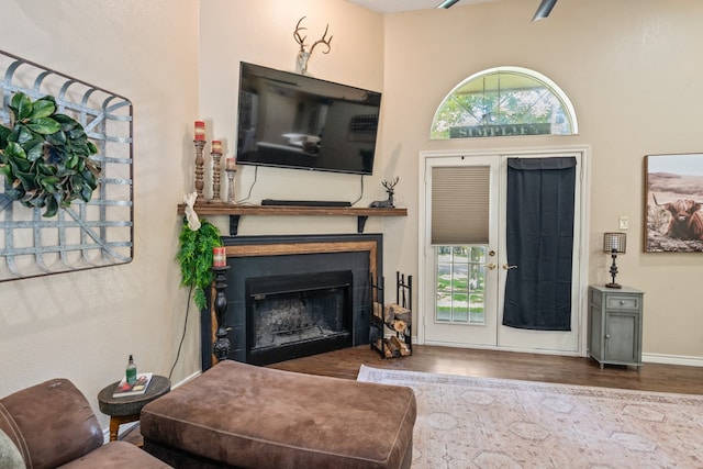 living room with dark wood-type flooring and a healthy amount of sunlight