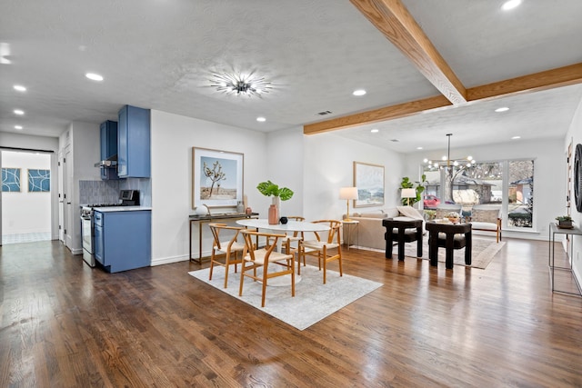 dining space with a notable chandelier, dark hardwood / wood-style floors, and beamed ceiling