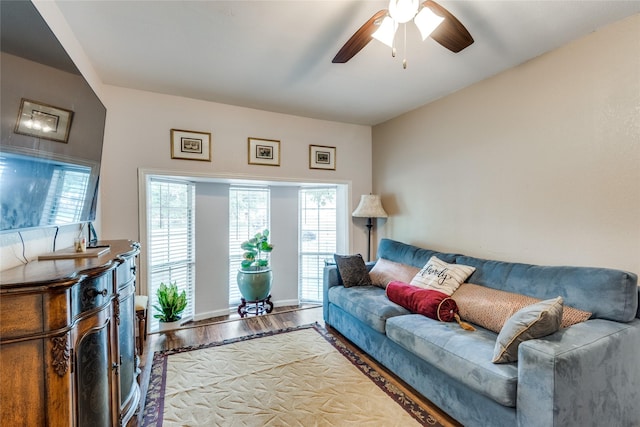 living room with ceiling fan and wood-type flooring