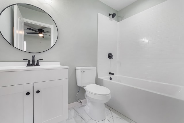 full bathroom featuring vanity, ceiling fan, toilet, and washtub / shower combination