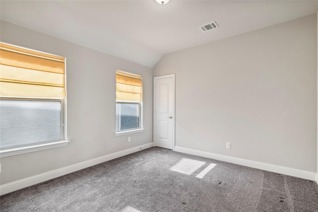 spare room with carpet floors, a wealth of natural light, and lofted ceiling