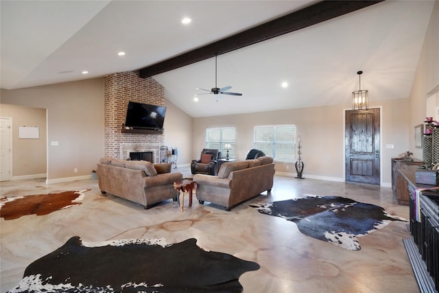 living room featuring ceiling fan, a fireplace, high vaulted ceiling, and beam ceiling