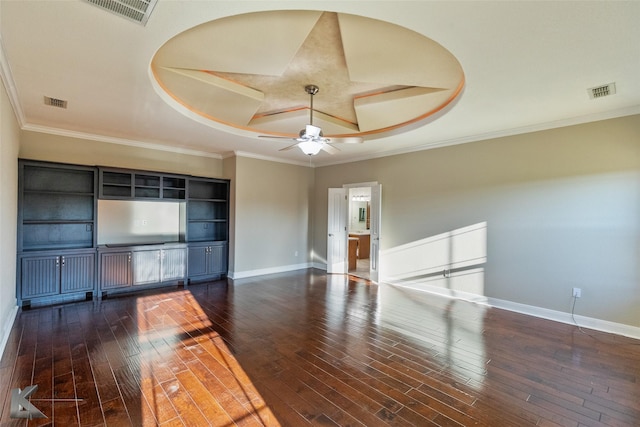 unfurnished living room featuring ceiling fan, ornamental molding, dark hardwood / wood-style floors, and a raised ceiling