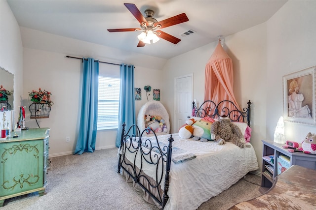 carpeted bedroom with lofted ceiling and ceiling fan