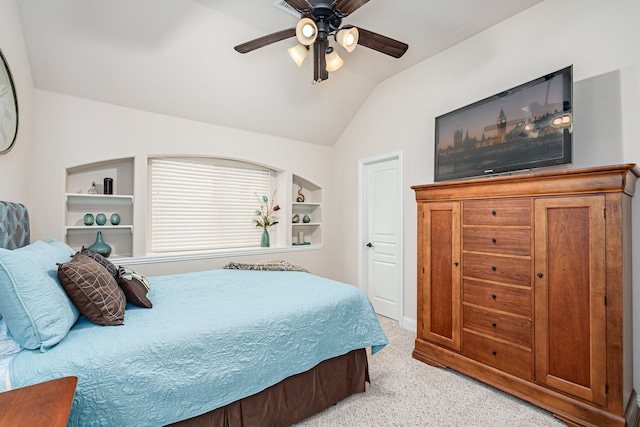 bedroom with light carpet, lofted ceiling, and ceiling fan