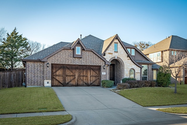 view of front of home featuring a garage and a front lawn