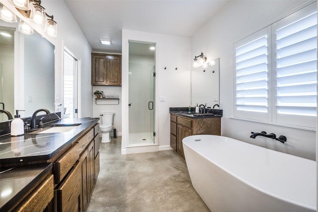 full bathroom featuring shower with separate bathtub, plenty of natural light, concrete floors, and vanity