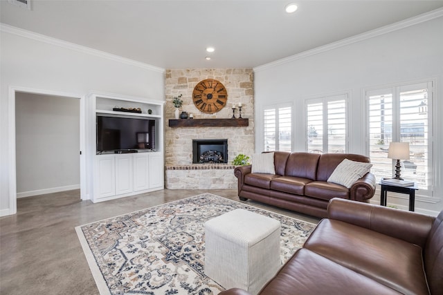 living room with a fireplace, plenty of natural light, and ornamental molding