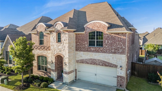 french country home with fence, roof with shingles, concrete driveway, stone siding, and brick siding