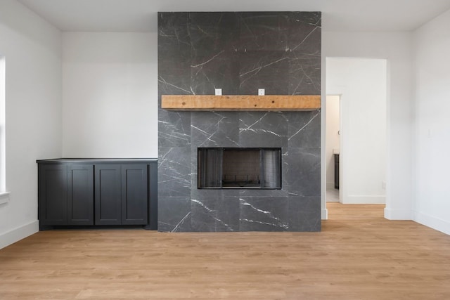 interior details with a fireplace and wood-type flooring