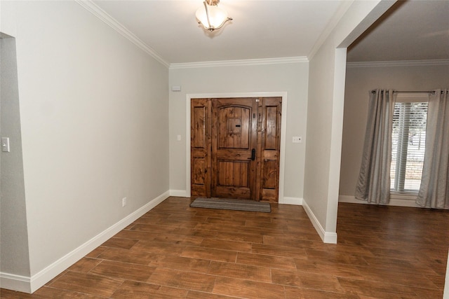 foyer entrance featuring crown molding and dark wood-type flooring