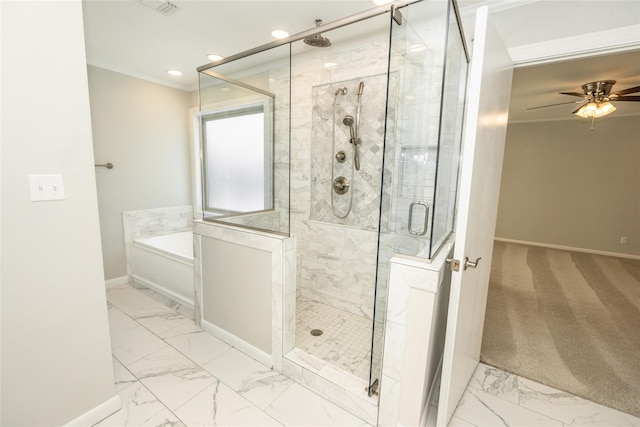 bathroom with ceiling fan, ornamental molding, and shower with separate bathtub