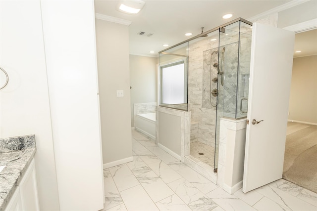 bathroom featuring shower with separate bathtub, vanity, and crown molding