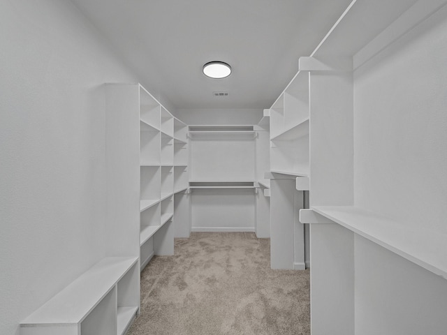 walk in closet with light carpet