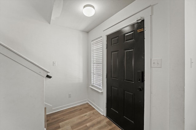 foyer with baseboards and wood finished floors