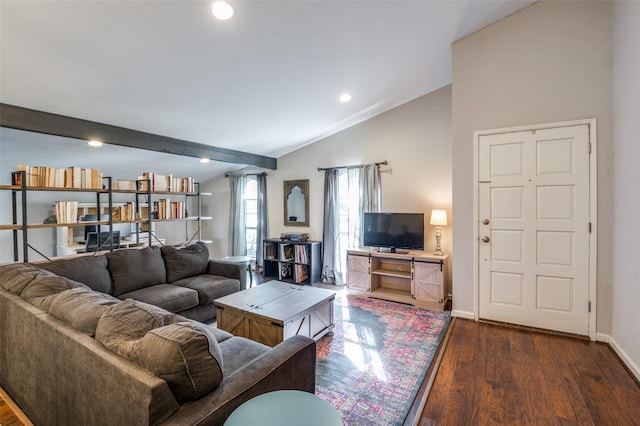 living room featuring lofted ceiling with beams and dark hardwood / wood-style floors