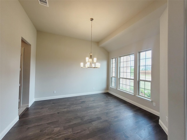 empty room with lofted ceiling, plenty of natural light, dark hardwood / wood-style floors, and a notable chandelier