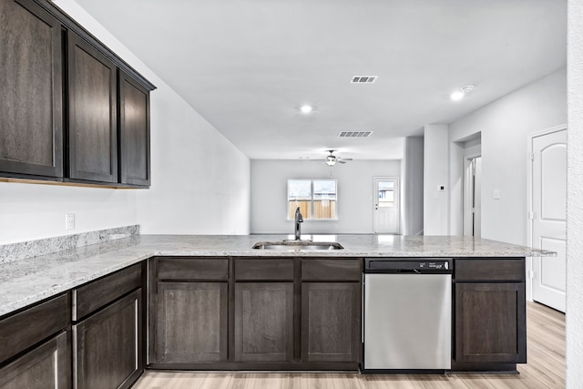 kitchen with sink, ceiling fan, dark brown cabinetry, stainless steel dishwasher, and kitchen peninsula