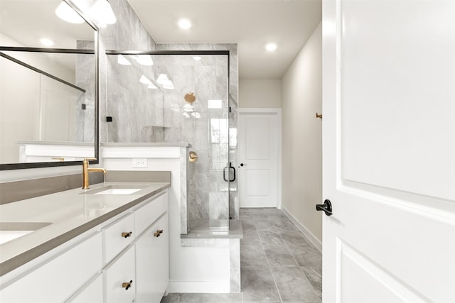 604 Tall Grass Trl, Wylie, TX 75098 - full bathroom featuring a stall shower, double vanity, recessed lighting, and baseboards