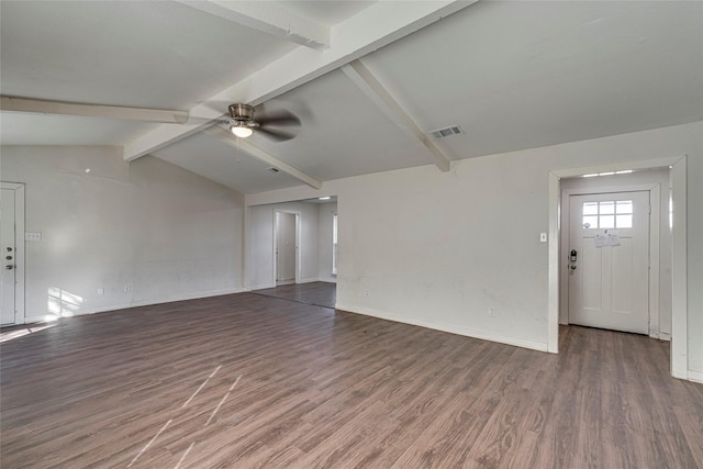 unfurnished living room featuring lofted ceiling with beams, ceiling fan, and dark hardwood / wood-style flooring