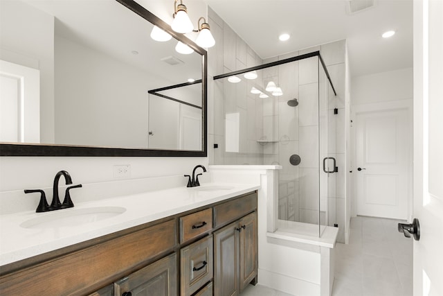 606 Tall Grass Trl, Wylie, TX 75098 - bathroom featuring a stall shower, tile patterned flooring, and double vanity
