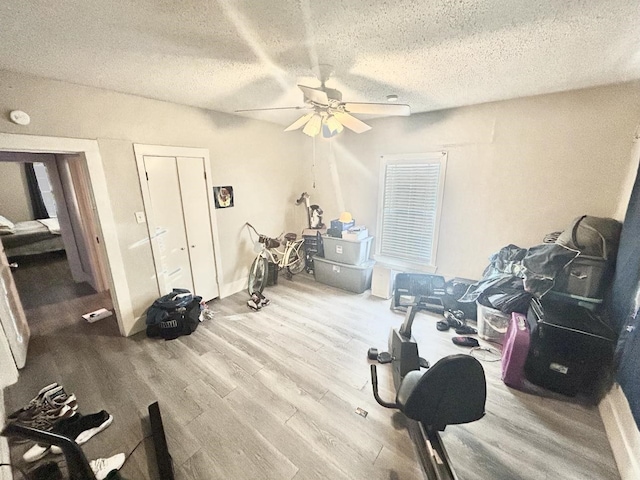 workout area featuring hardwood / wood-style floors, a textured ceiling, and ceiling fan