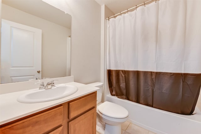 full bathroom with shower / bathtub combination with curtain, vanity, toilet, and tile patterned flooring