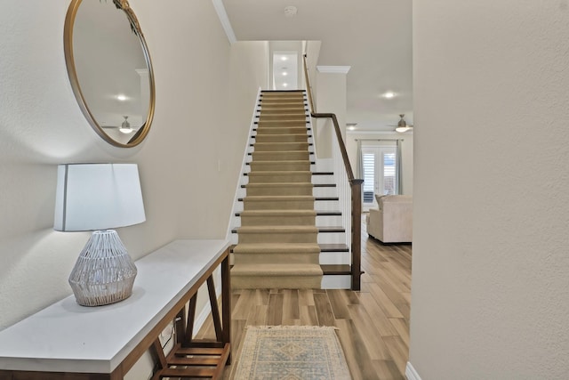 staircase with ornamental molding, hardwood / wood-style floors, and ceiling fan