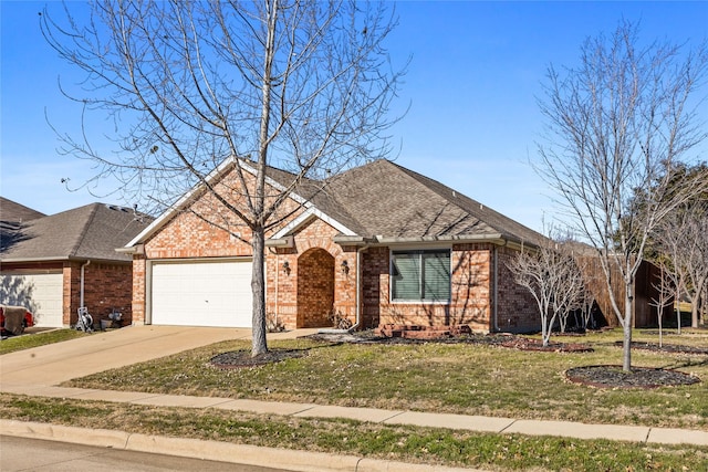 single story home with a garage and a front lawn