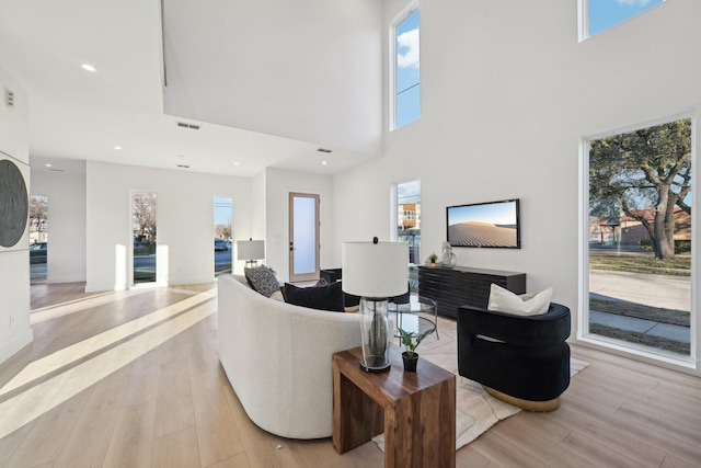 living room with a high ceiling and light hardwood / wood-style floors