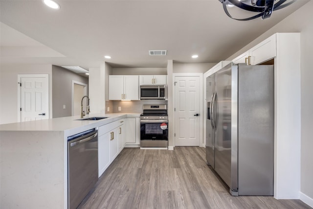 kitchen with sink, white cabinetry, light wood-type flooring, appliances with stainless steel finishes, and kitchen peninsula