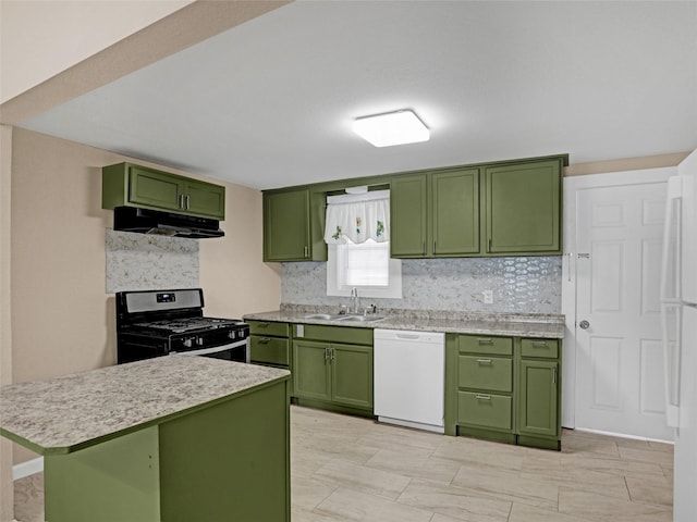 kitchen featuring black gas range oven, sink, white dishwasher, and green cabinetry