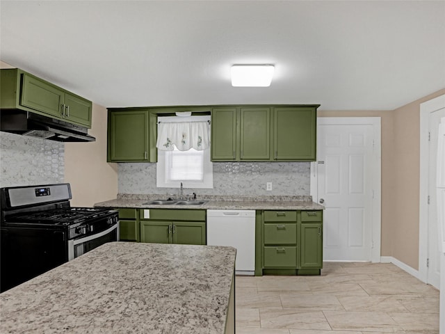 kitchen with stainless steel gas range, sink, tasteful backsplash, dishwasher, and green cabinets