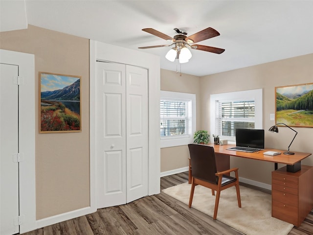 office area with ceiling fan and hardwood / wood-style floors