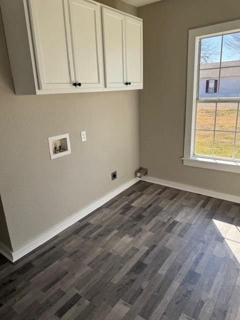 washroom with a healthy amount of sunlight, washer hookup, dark hardwood / wood-style floors, and electric dryer hookup