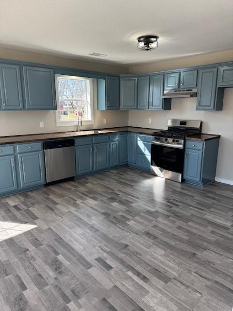 kitchen featuring stainless steel appliances, blue cabinets, sink, and light hardwood / wood-style flooring