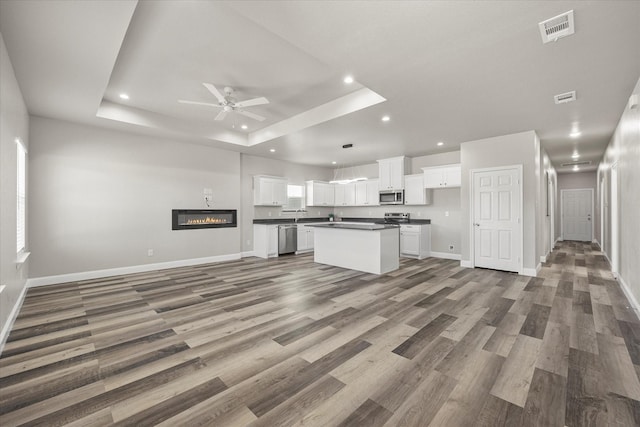 kitchen with dark wood-type flooring, stainless steel appliances, a tray ceiling, white cabinets, and a kitchen island