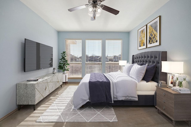 carpeted bedroom with ceiling fan