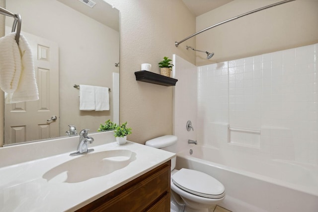 full bathroom featuring bathtub / shower combination, vanity, and toilet