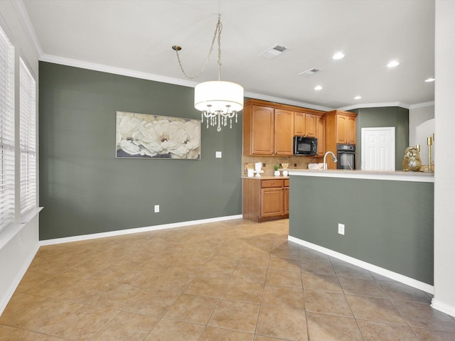 kitchen featuring light tile patterned flooring, ornamental molding, hanging light fixtures, and black appliances