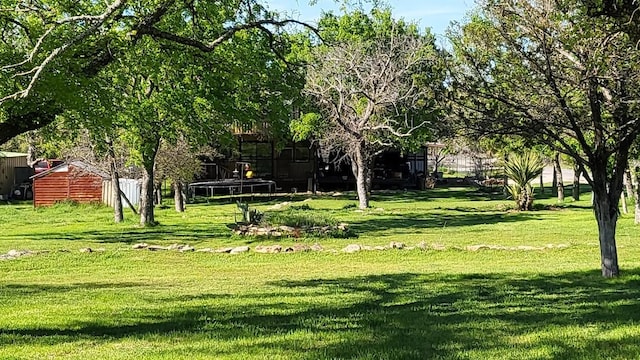 view of property's community with a trampoline and a lawn