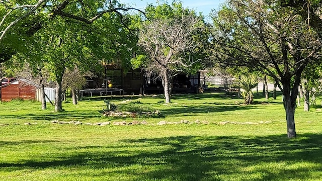 view of home's community with a yard and a trampoline