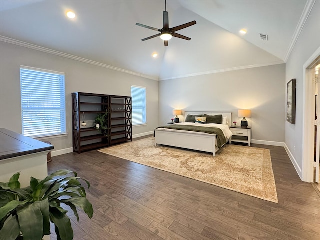 bedroom with ceiling fan, lofted ceiling, dark hardwood / wood-style floors, and ornamental molding